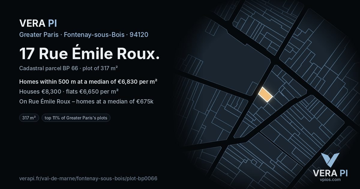 17 Rue Émile Roux, Fontenay-sous-Bois at night – the plot lit, the parcels around coloured by the prices near them