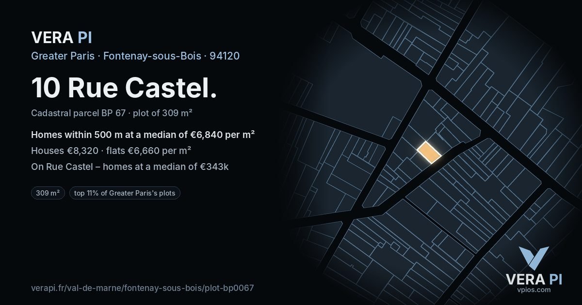 10 Rue Castel, Fontenay-sous-Bois at night – the plot lit, the parcels around coloured by the prices near them