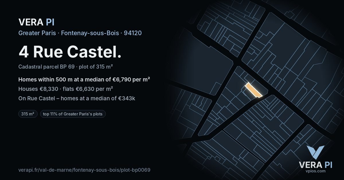 4 Rue Castel, Fontenay-sous-Bois at night – the plot lit, the parcels around coloured by the prices near them
