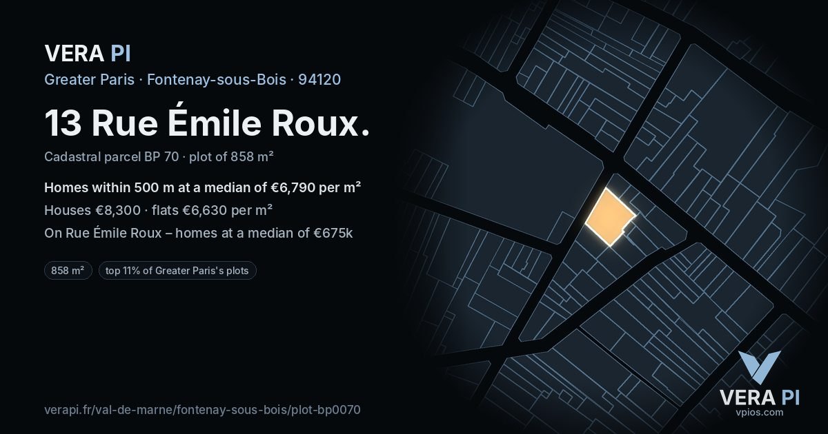13 Rue Émile Roux, Fontenay-sous-Bois at night – the plot lit, the parcels around coloured by the prices near them