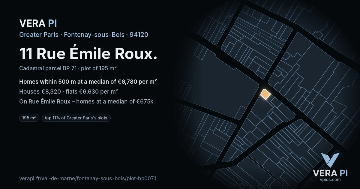 11 Rue Émile Roux, Fontenay-sous-Bois at night – the plot lit, the parcels around coloured by the prices near them