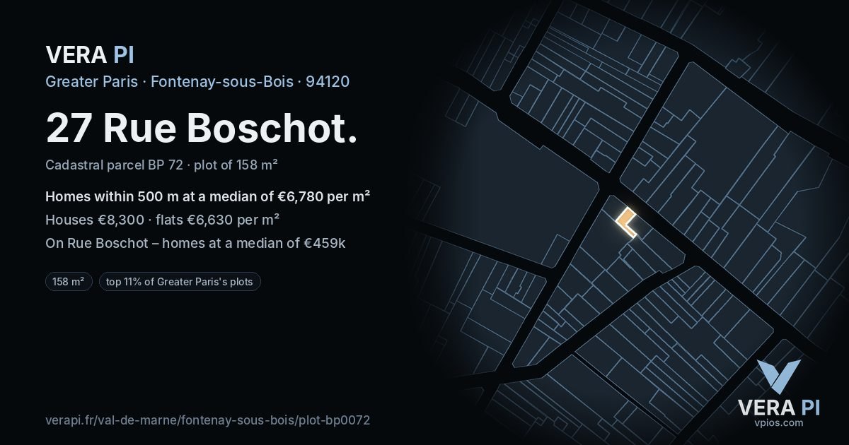27 Rue Boschot, Fontenay-sous-Bois at night – the plot lit, the parcels around coloured by the prices near them
