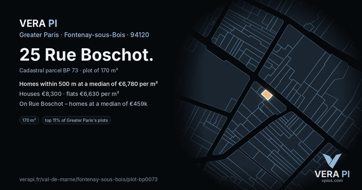 25 Rue Boschot, Fontenay-sous-Bois at night – the plot lit, the parcels around coloured by the prices near them