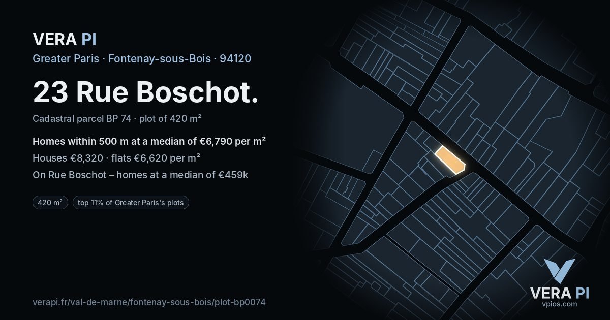 23 Rue Boschot, Fontenay-sous-Bois at night – the plot lit, the parcels around coloured by the prices near them
