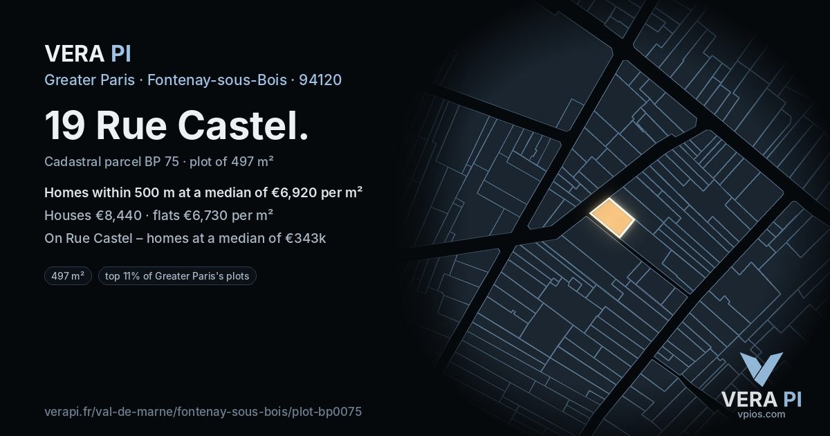 19 Rue Castel, Fontenay-sous-Bois at night – the plot lit, the parcels around coloured by the prices near them