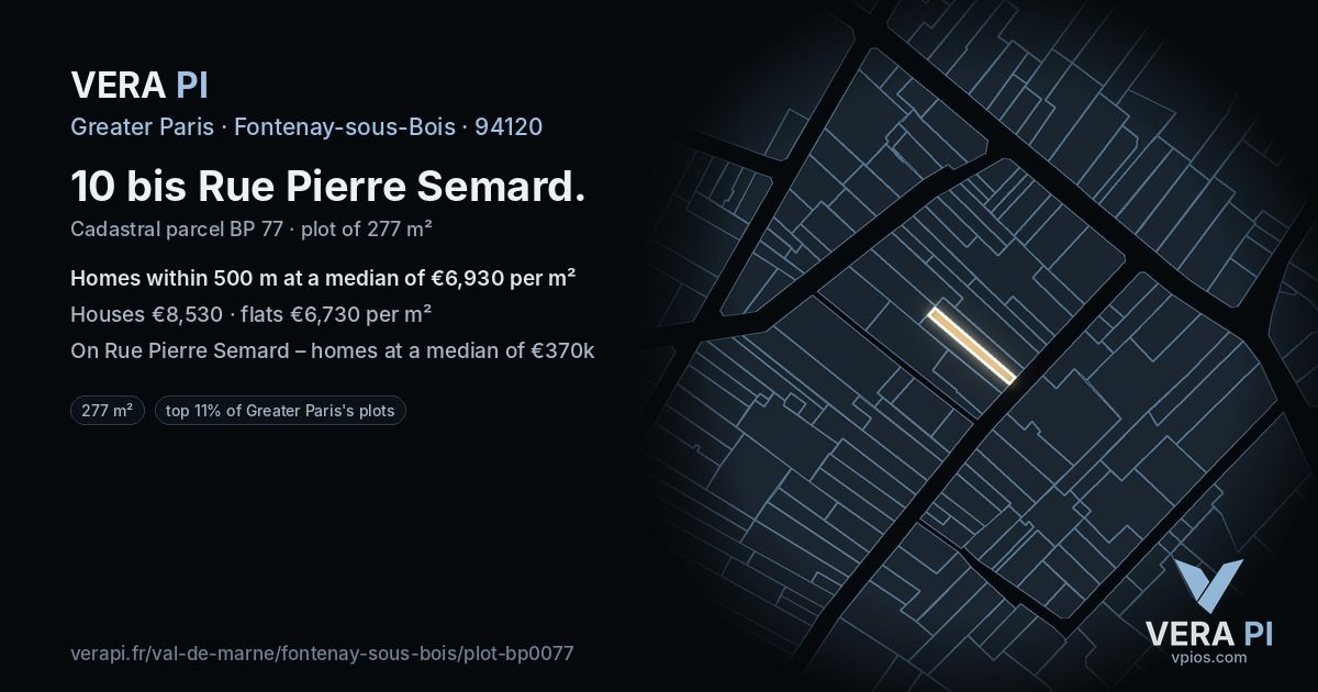 10 bis Rue Pierre Semard, Fontenay-sous-Bois at night – the plot lit, the parcels around coloured by the prices near them