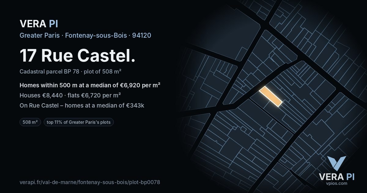 17 Rue Castel, Fontenay-sous-Bois at night – the plot lit, the parcels around coloured by the prices near them