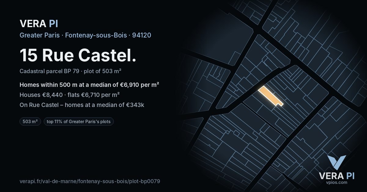 15 Rue Castel, Fontenay-sous-Bois at night – the plot lit, the parcels around coloured by the prices near them