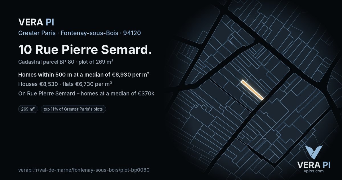 10 Rue Pierre Semard, Fontenay-sous-Bois at night – the plot lit, the parcels around coloured by the prices near them