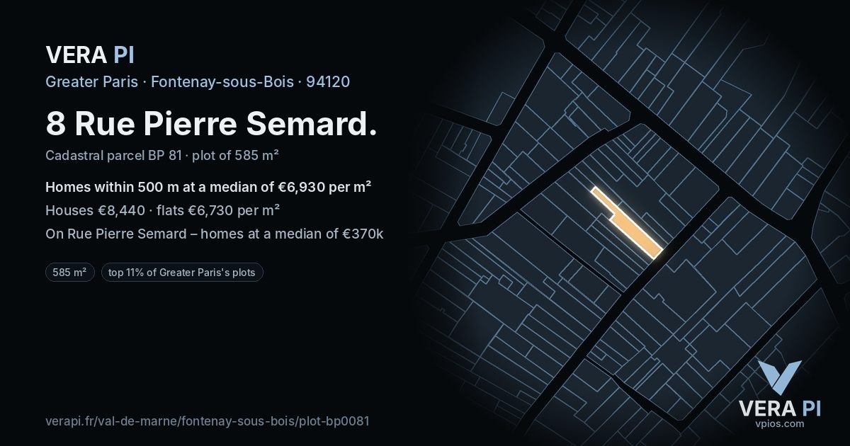 8 Rue Pierre Semard, Fontenay-sous-Bois at night – the plot lit, the parcels around coloured by the prices near them