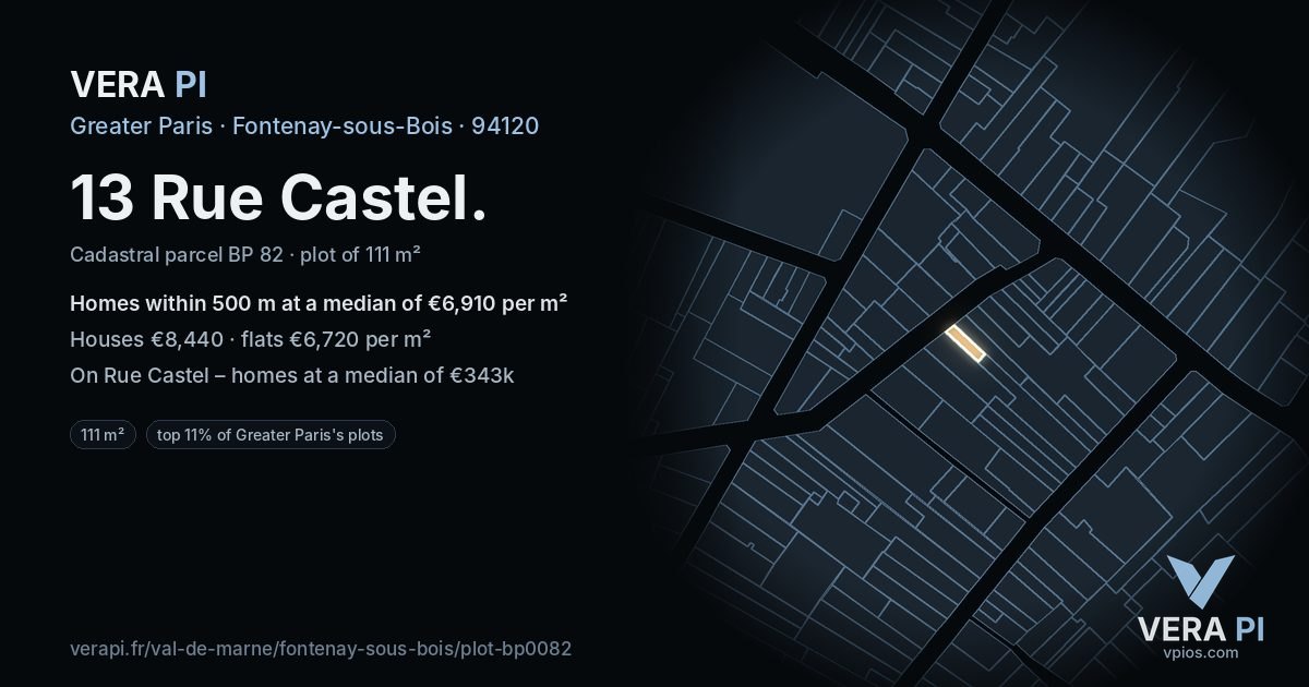 13 Rue Castel, Fontenay-sous-Bois at night – the plot lit, the parcels around coloured by the prices near them