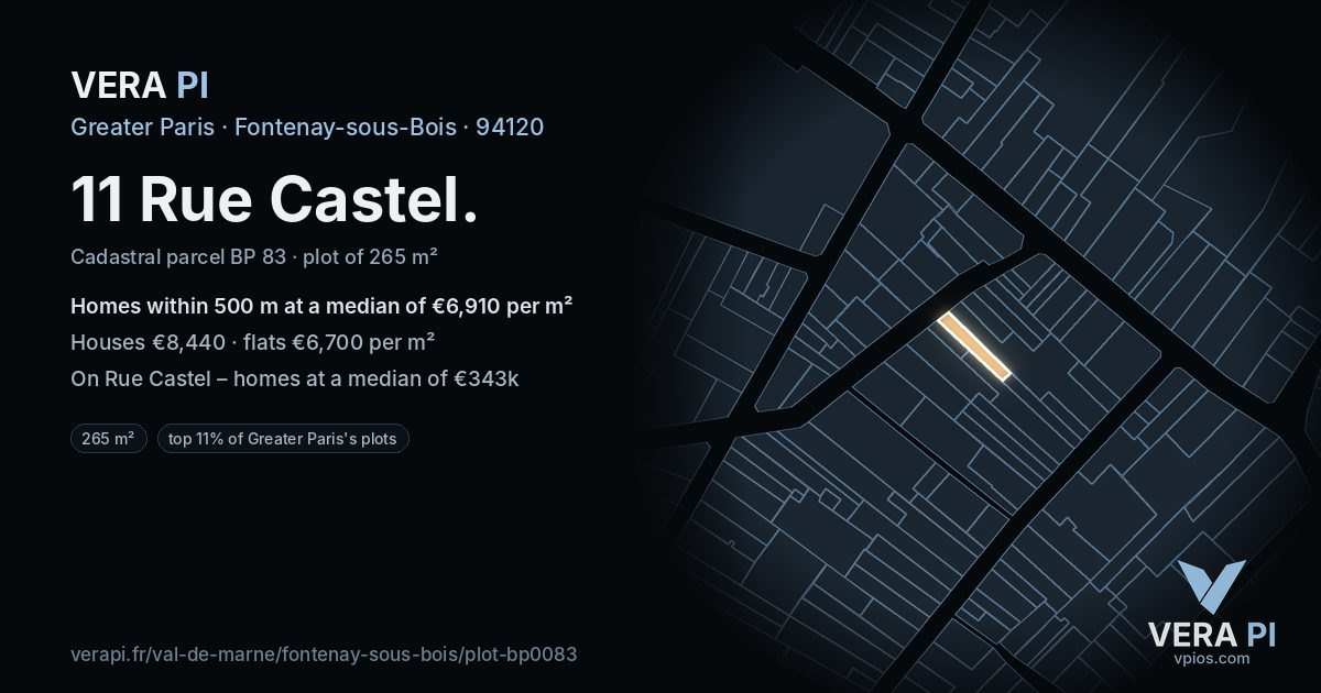 11 Rue Castel, Fontenay-sous-Bois at night – the plot lit, the parcels around coloured by the prices near them