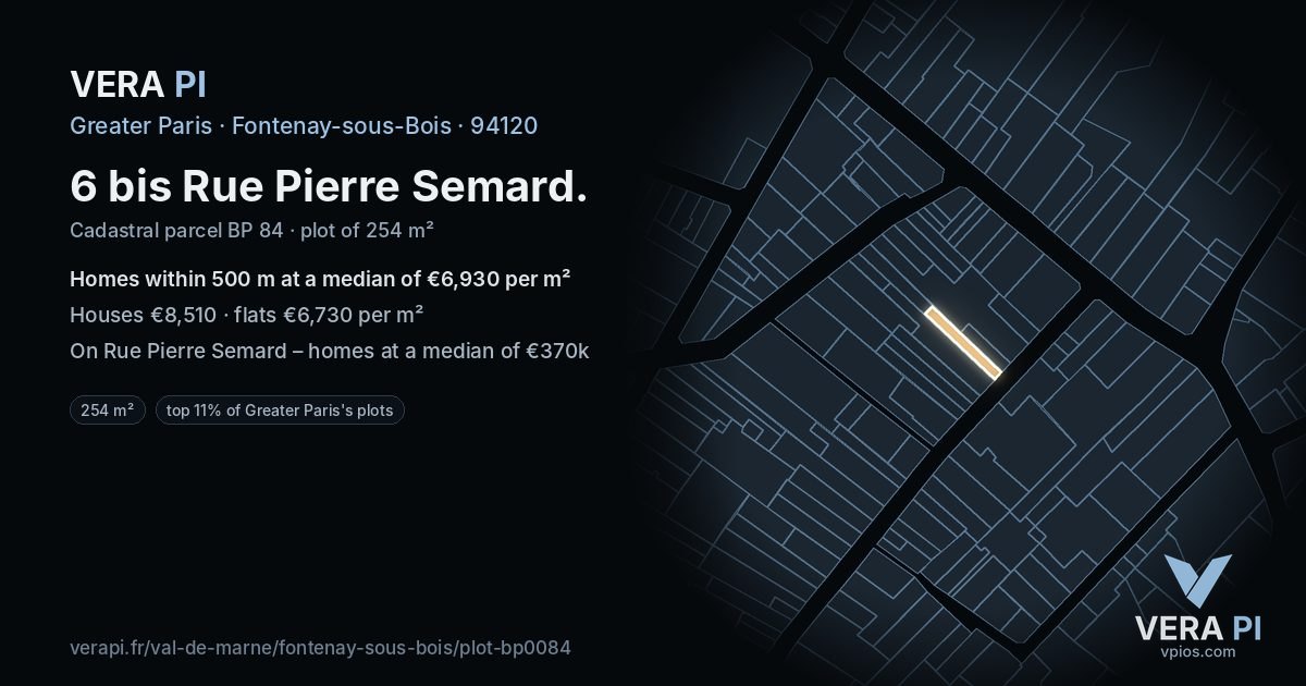 6 bis Rue Pierre Semard, Fontenay-sous-Bois at night – the plot lit, the parcels around coloured by the prices near them