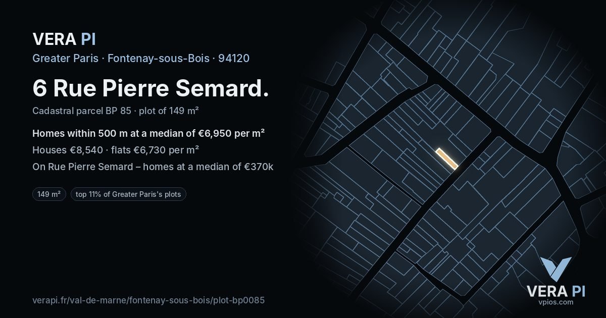 6 Rue Pierre Semard, Fontenay-sous-Bois at night – the plot lit, the parcels around coloured by the prices near them