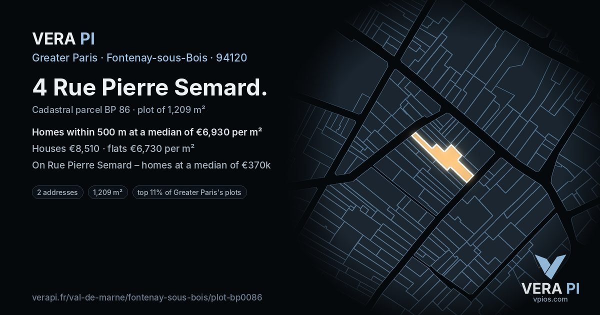 4 Rue Pierre Semard, Fontenay-sous-Bois at night – the plot lit, the parcels around coloured by the prices near them