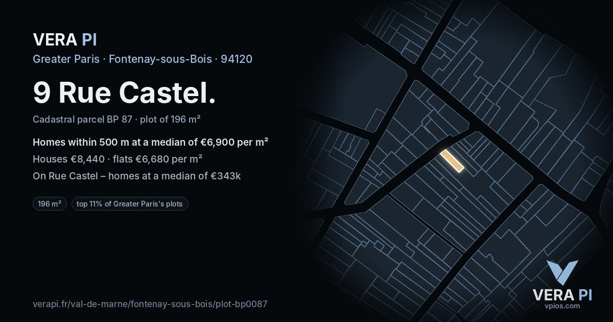 9 Rue Castel, Fontenay-sous-Bois at night – the plot lit, the parcels around coloured by the prices near them