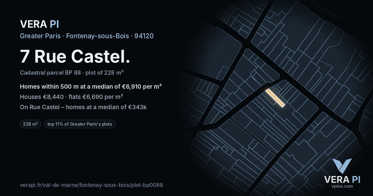 7 Rue Castel, Fontenay-sous-Bois at night – the plot lit, the parcels around coloured by the prices near them