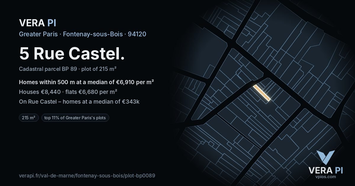 5 Rue Castel, Fontenay-sous-Bois at night – the plot lit, the parcels around coloured by the prices near them