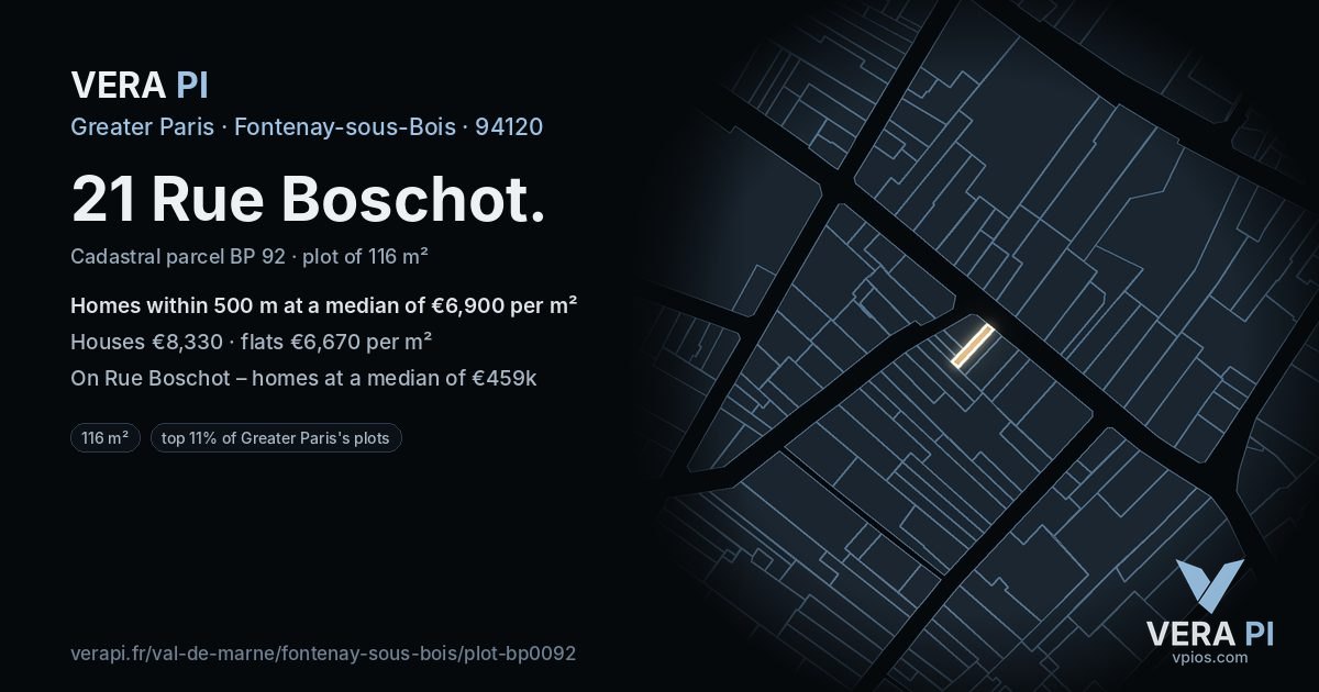 21 Rue Boschot, Fontenay-sous-Bois at night – the plot lit, the parcels around coloured by the prices near them