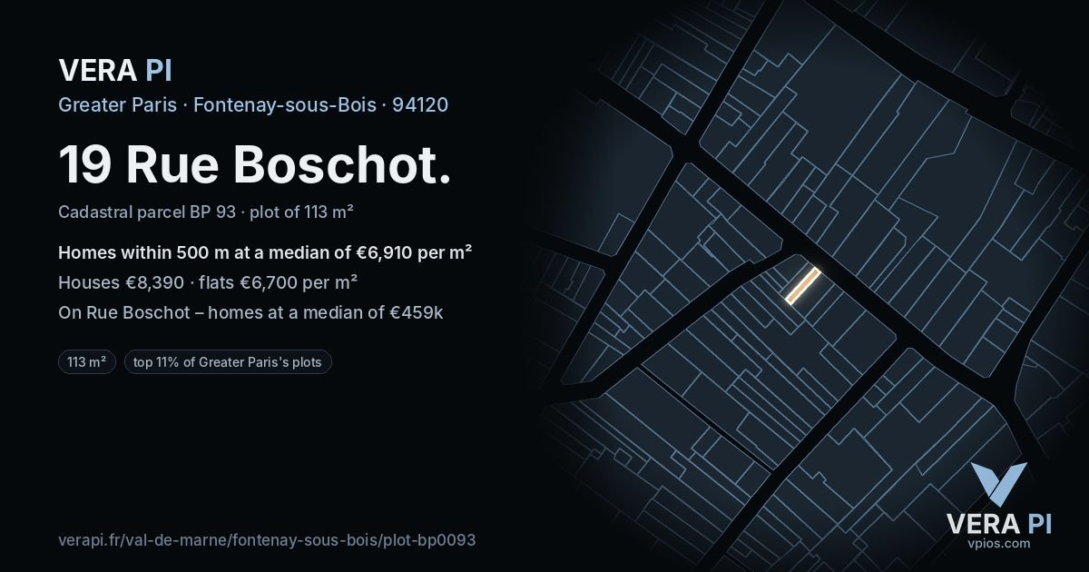 19 Rue Boschot, Fontenay-sous-Bois at night – the plot lit, the parcels around coloured by the prices near them