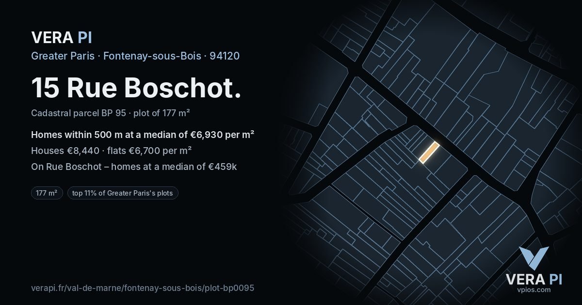 15 Rue Boschot, Fontenay-sous-Bois at night – the plot lit, the parcels around coloured by the prices near them