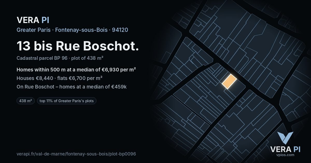 13 bis Rue Boschot, Fontenay-sous-Bois at night – the plot lit, the parcels around coloured by the prices near them