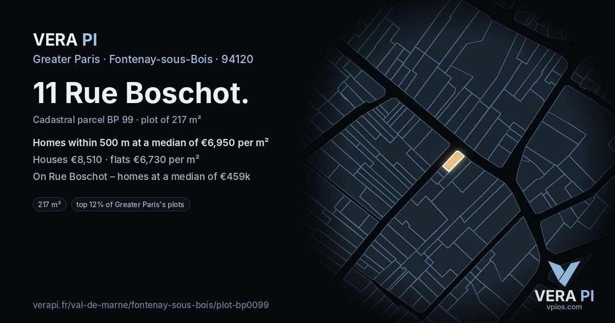 11 Rue Boschot, Fontenay-sous-Bois at night – the plot lit, the parcels around coloured by the prices near them
