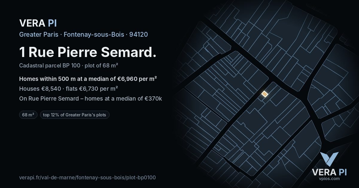 1 Rue Pierre Semard, Fontenay-sous-Bois at night – the plot lit, the parcels around coloured by the prices near them