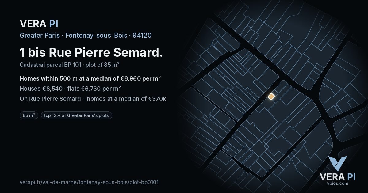 1 bis Rue Pierre Semard, Fontenay-sous-Bois at night – the plot lit, the parcels around coloured by the prices near them