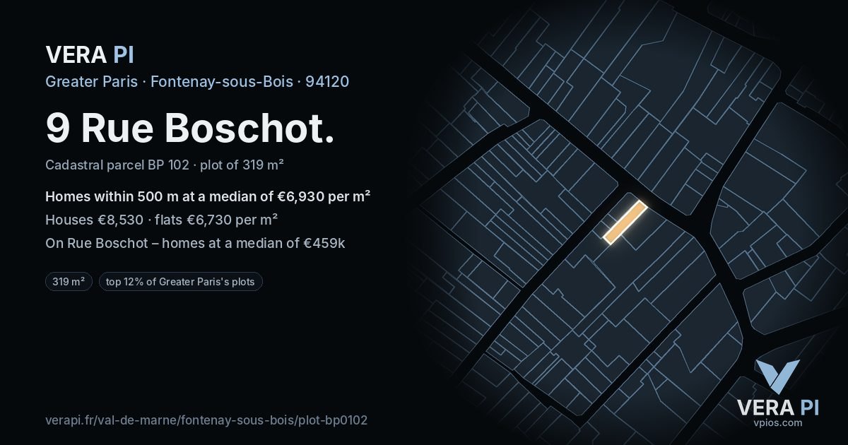 9 Rue Boschot, Fontenay-sous-Bois at night – the plot lit, the parcels around coloured by the prices near them