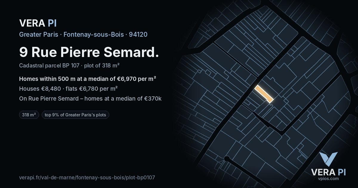 9 Rue Pierre Semard, Fontenay-sous-Bois at night – the plot lit, the parcels around coloured by the prices near them