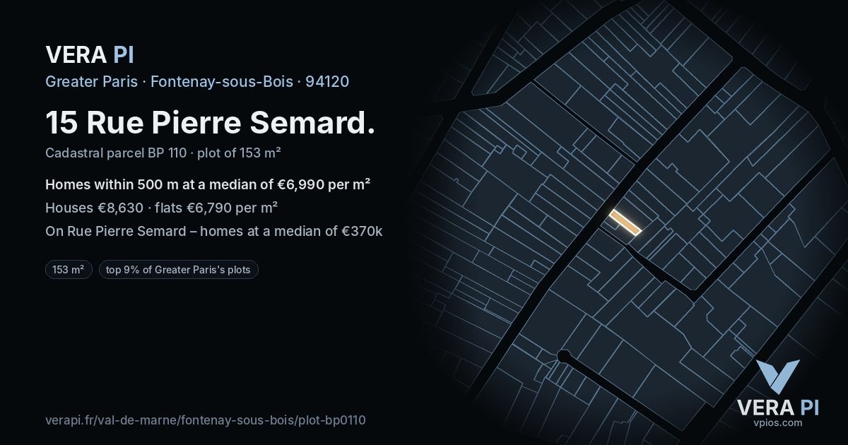15 Rue Pierre Semard, Fontenay-sous-Bois at night – the plot lit, the parcels around coloured by the prices near them