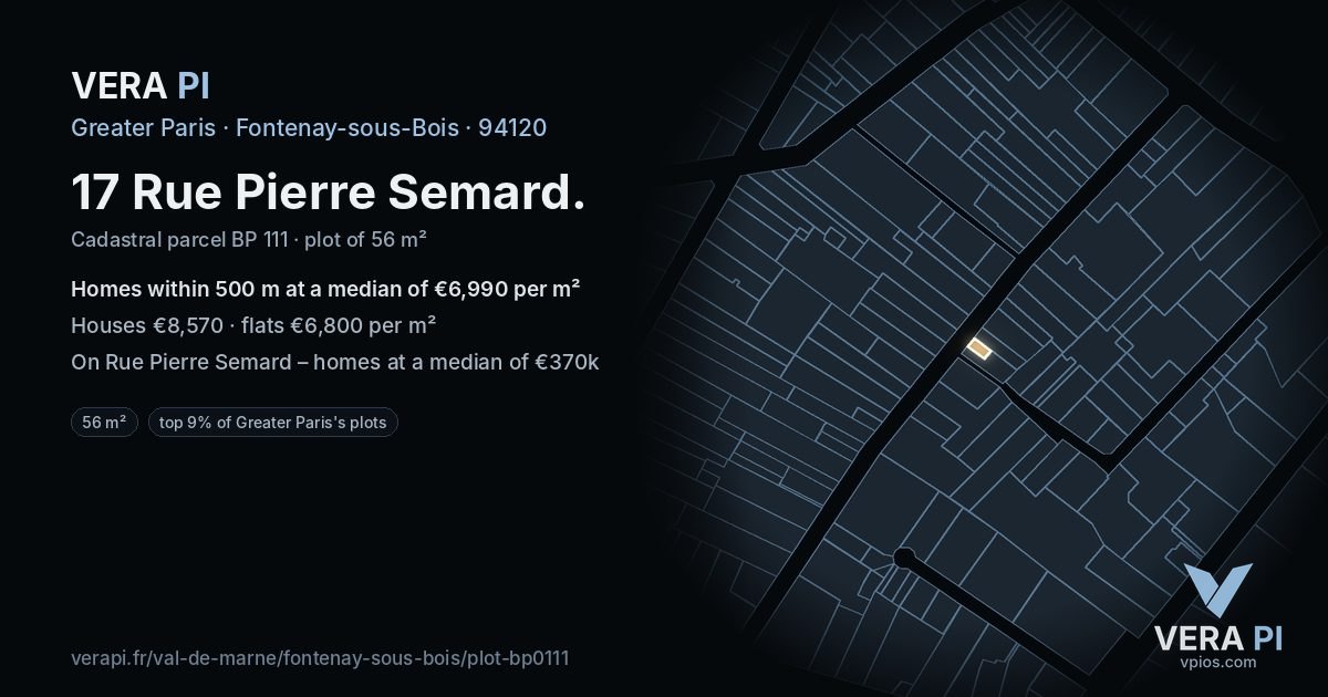 17 Rue Pierre Semard, Fontenay-sous-Bois at night – the plot lit, the parcels around coloured by the prices near them