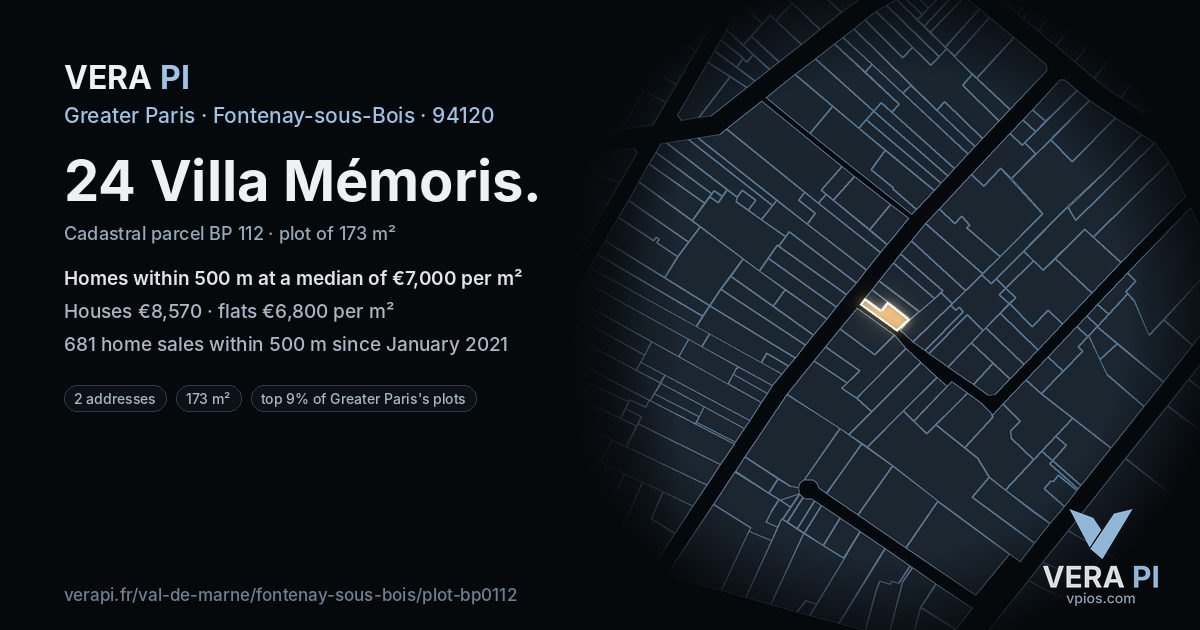 24 Villa Mémoris, Fontenay-sous-Bois at night – the plot lit, the parcels around coloured by the prices near them