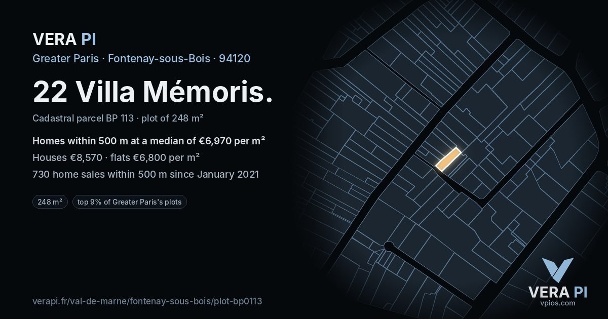 22 Villa Mémoris, Fontenay-sous-Bois at night – the plot lit, the parcels around coloured by the prices near them