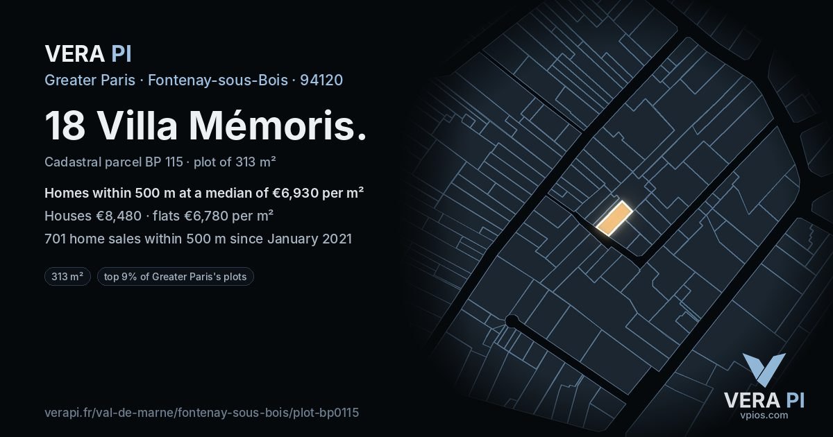 18 Villa Mémoris, Fontenay-sous-Bois at night – the plot lit, the parcels around coloured by the prices near them