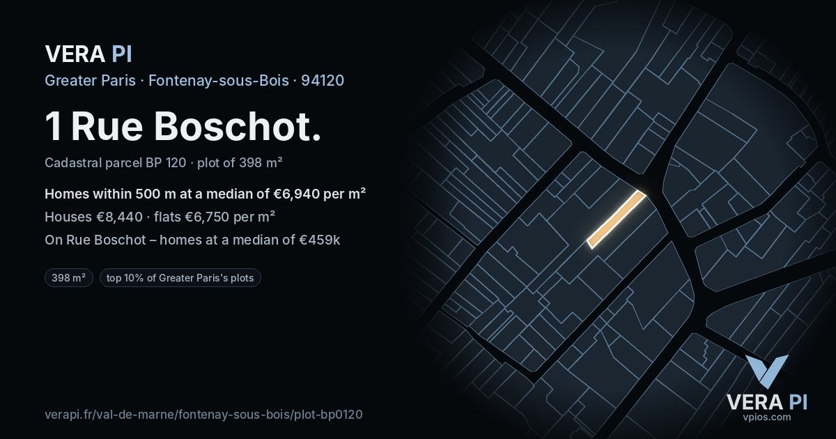 1 Rue Boschot, Fontenay-sous-Bois at night – the plot lit, the parcels around coloured by the prices near them