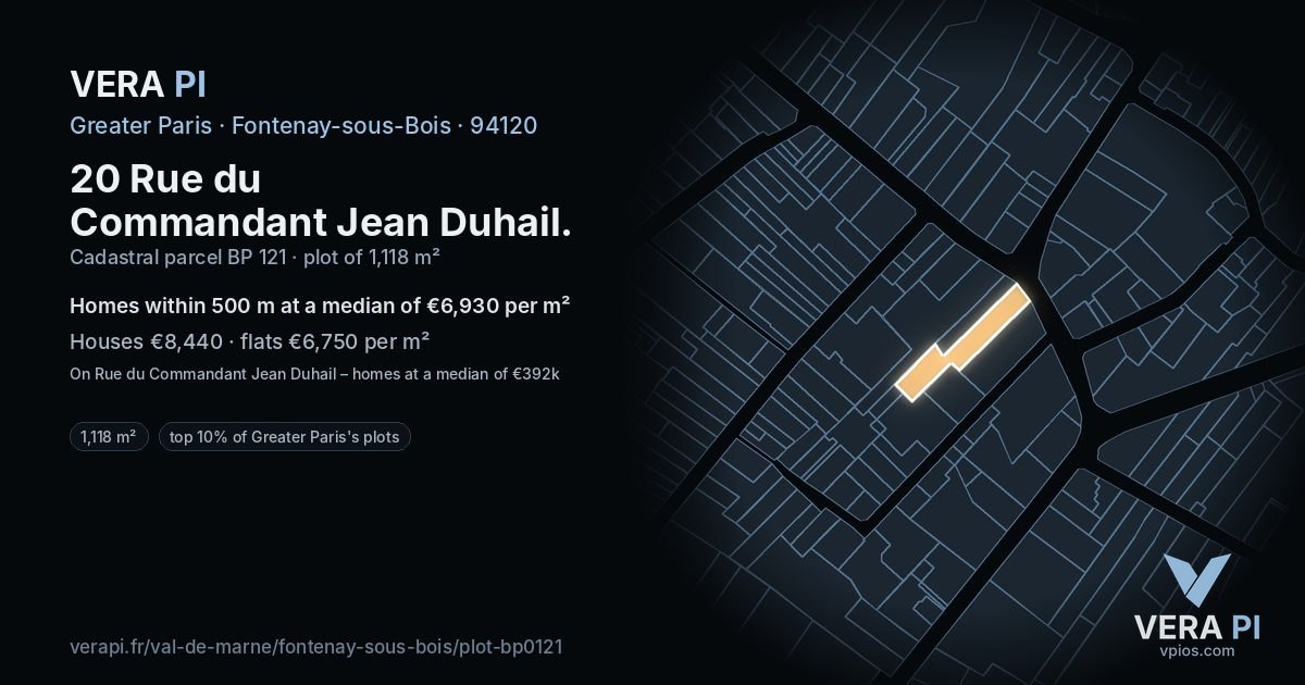 20 Rue du Commandant Jean Duhail, Fontenay-sous-Bois at night – the plot lit, the parcels around coloured by the prices near them