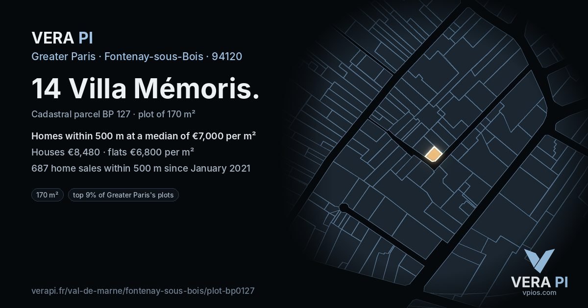 14 Villa Mémoris, Fontenay-sous-Bois at night – the plot lit, the parcels around coloured by the prices near them