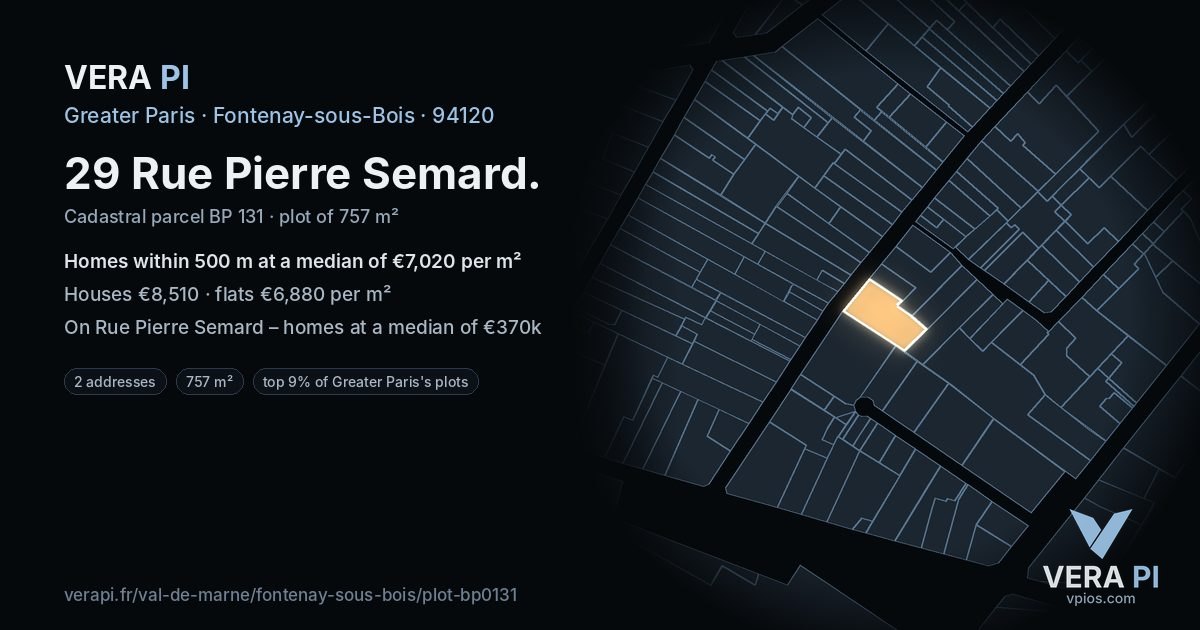 29 Rue Pierre Semard, Fontenay-sous-Bois at night – the plot lit, the parcels around coloured by the prices near them