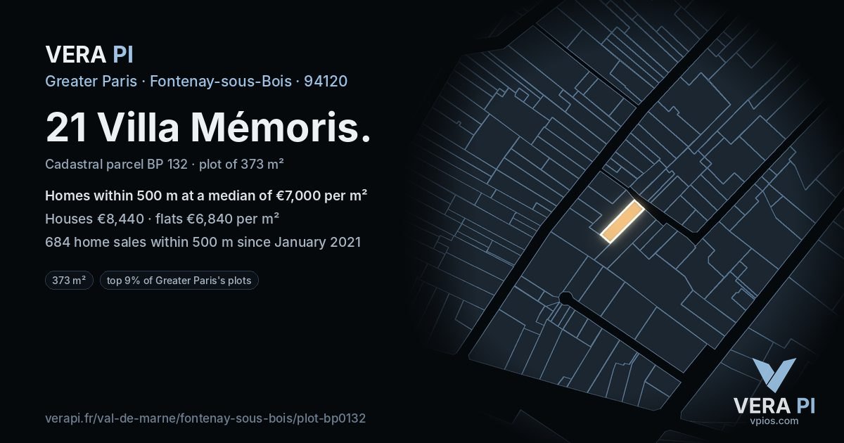21 Villa Mémoris, Fontenay-sous-Bois at night – the plot lit, the parcels around coloured by the prices near them