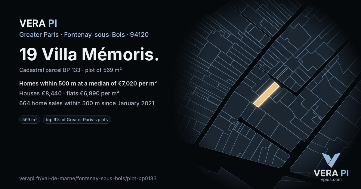 19 Villa Mémoris, Fontenay-sous-Bois at night – the plot lit, the parcels around coloured by the prices near them