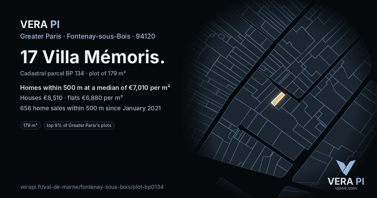 17 Villa Mémoris, Fontenay-sous-Bois at night – the plot lit, the parcels around coloured by the prices near them