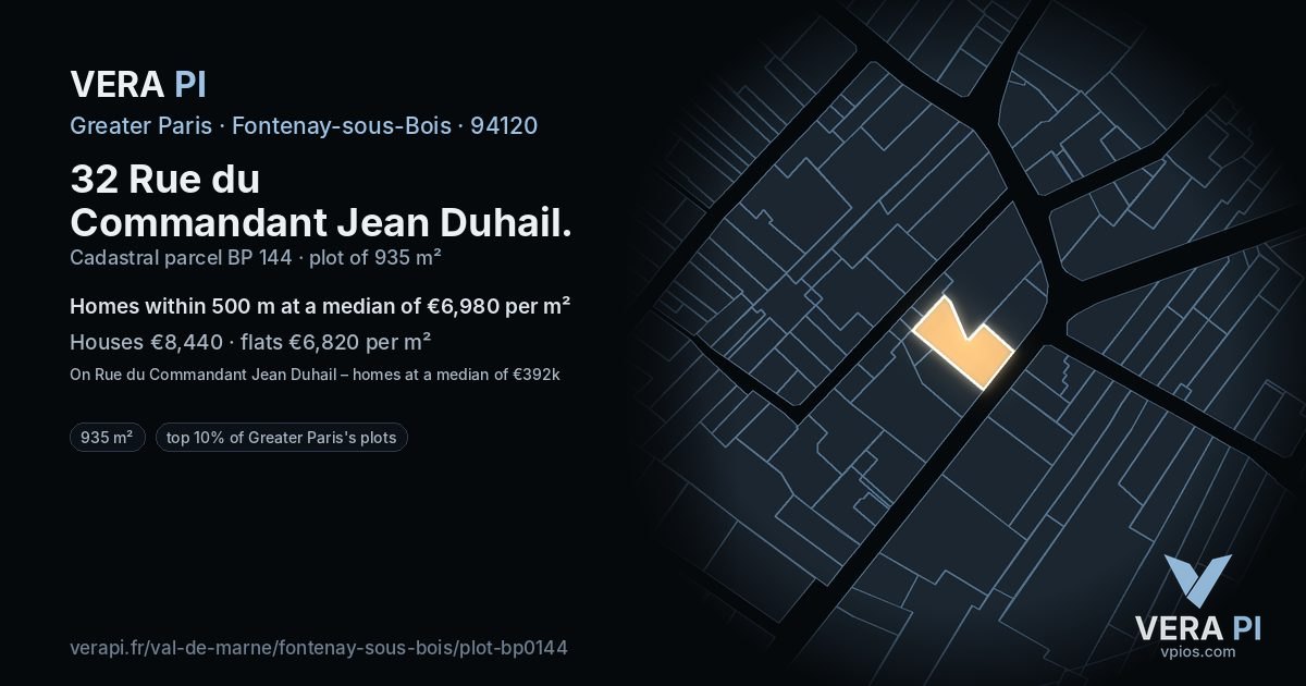 32 Rue du Commandant Jean Duhail, Fontenay-sous-Bois at night – the plot lit, the parcels around coloured by the prices near them