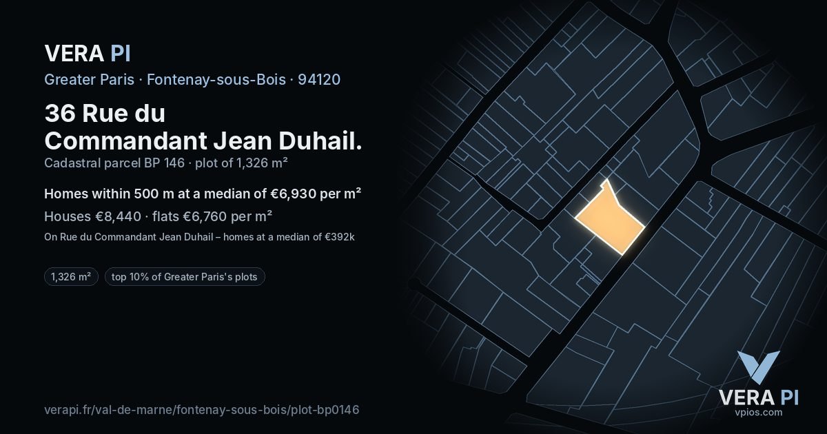 36 Rue du Commandant Jean Duhail, Fontenay-sous-Bois at night – the plot lit, the parcels around coloured by the prices near them
