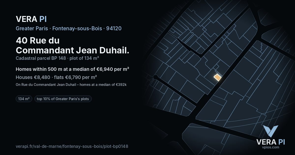 40 Rue du Commandant Jean Duhail, Fontenay-sous-Bois at night – the plot lit, the parcels around coloured by the prices near them