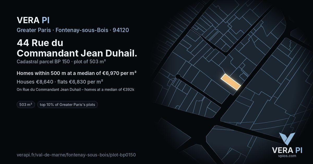 44 Rue du Commandant Jean Duhail, Fontenay-sous-Bois at night – the plot lit, the parcels around coloured by the prices near them