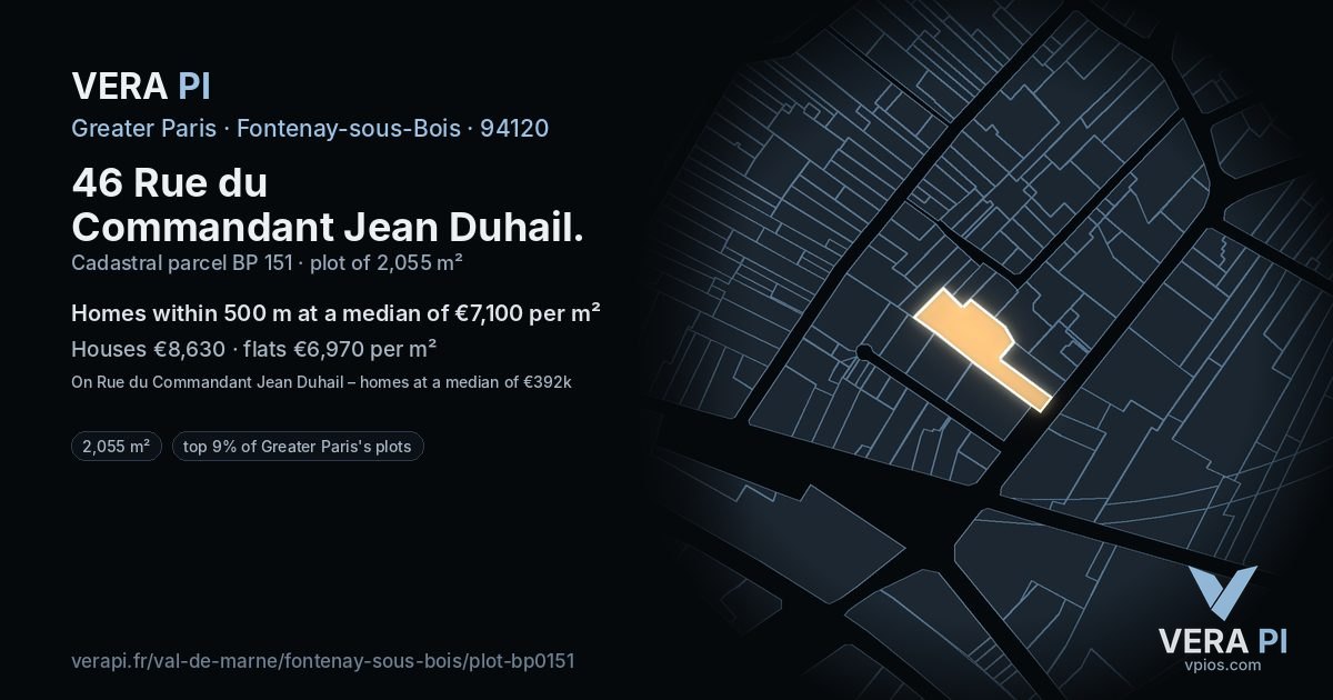 46 Rue du Commandant Jean Duhail, Fontenay-sous-Bois at night – the plot lit, the parcels around coloured by the prices near them