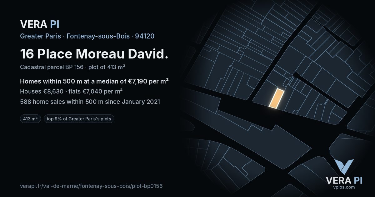 16 Place Moreau David, Fontenay-sous-Bois at night – the plot lit, the parcels around coloured by the prices near them