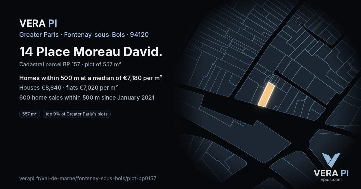 14 Place Moreau David, Fontenay-sous-Bois at night – the plot lit, the parcels around coloured by the prices near them